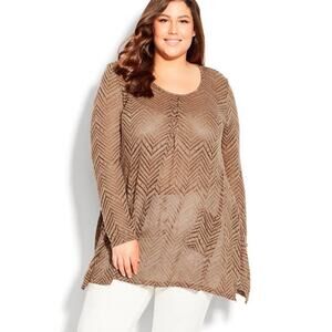 Avenue Women's Mocha Chevron Tunic Lightweight Sweater Front Pockets SZ 20 NWT